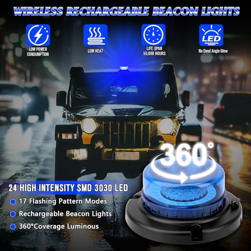 Remote Control Beacon Light, Rechargeable Wireless Blue Flashing Lights with Magnetic, High Low Brightness, 15 Modes Strobe Lights for Snowplow Tow Work Trucks Tractor - color: Blue