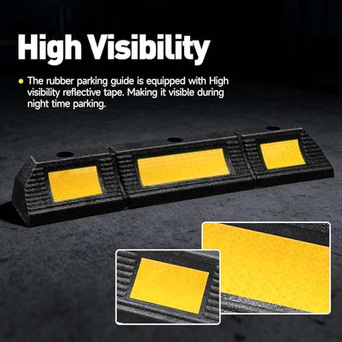 DNA Motoring 2 Pack 22.8" Parking Stopper for Garage, Heavy Duty Garage Parking Aid, Parking Gadgets Protects Car and Garage Walls, w/Reflective Yellow Tape Curb, 22.8" L x 4.33" W x 3.34" H - style: 1 side Reflective Strip