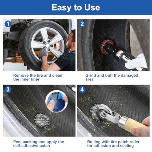 Linkstyle 67PCS Tire Repair Kit Heavy Duty, 32/42/58mm Tire Patch Kit, Flat Tire Repair Tools with Buffing Wheel, Roller and Scraper, for Car Motorcycle Bike