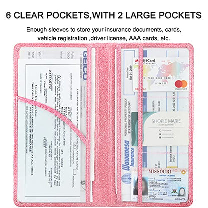 Car Registration and Insurance Holder, Premium Leather Insurance and Registration Holder,vehicle Glove Box Car Organizer, with Magnetic Shut for Cards, Driver License (Glitter Pink) - color: 06-Glitter Pink