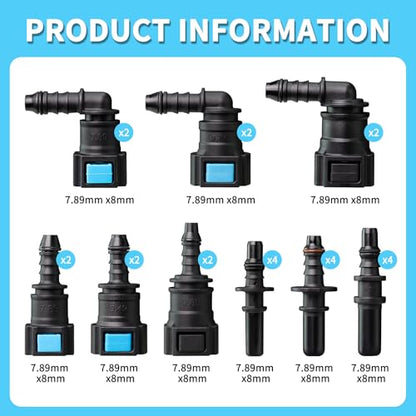 Fuel Line Quick Connect Kit 24PCS,Assorted 5/16 3/8 Fuel Line Fittings Nylon Straight Push-On Release Hose Connector