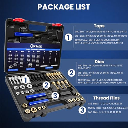 49-Piece Professional Thread Chaser Set, UNC UNF & Metric Thread Repair Kit with Taps, Dies, Thread Files, Automotive Wheel Stud Rethreading Tool Kit - color: 49PCS Thread Chaser Set