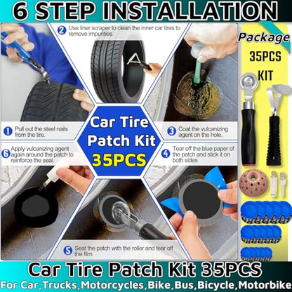 35PCS Flat Tire Repair Kit Car Tire Patch Kit Heavy Duty Tire Repair Tool Car Tire Repair Kit,30pcs Tire Patches 32mm/42mm/58mm with Tire Patch Roller Tire Inner Liner Scraper for Car Motorcycle Bike