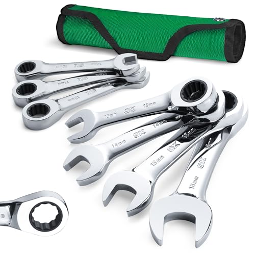 SK Stubby Ratcheting Wrench Set, Combination Wrench Set, 7-Piece, Metric, 72-Tooth, CR-V Steel, with Rolling Pouch - size: Metric