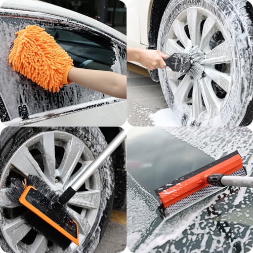 Wontolf 62'' Car Wash Brush with Long Handle, Scratch-Free Soft Bristles Sturdy Car Wash Mop, Complete Cleaning Brush Kit Wash Mitt Towel Windshield Squeegee Wheel Tire Brush for Car Truck RV Orange - color: Orange