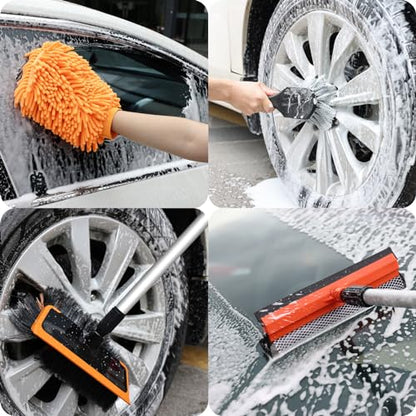 Wontolf 62'' Car Wash Brush with Long Handle, Scratch-Free Soft Bristles Sturdy Car Wash Mop, Complete Cleaning Brush Kit Wash Mitt Towel Windshield Squeegee Wheel Tire Brush for Car Truck RV Orange - color: Orange