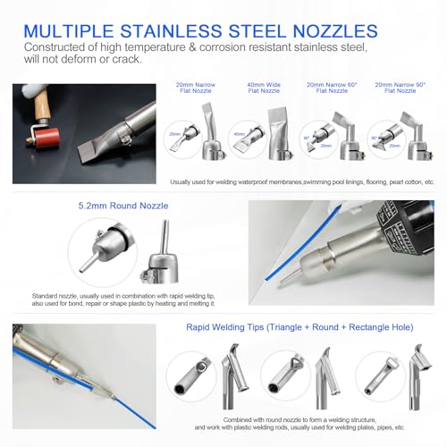 Hot Air Plastic Welder 1600W, Complete Accessories & Nozzles for Plastic Welding Roofing Kit 110V, Vinyl PVC TPO Roof Handheld Hot Air Heat Gun Plastic Welding Torch - size: Complete Accessories Ver. (In Carrying Case)