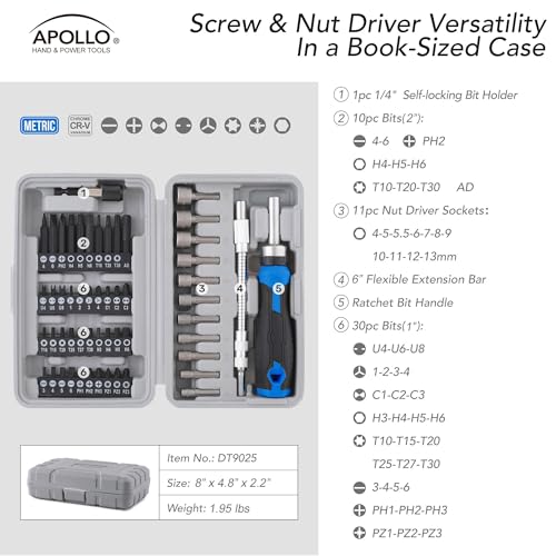 Apollo Tools 54-Piece Screwdriver & Nut Driver Bit Set – Ratcheting Handle, Flexible Extension, Metric Nut Drivers, Specialty Bits for Household, Automotive, & Appliance Repairs, Blue/Gray DT9025