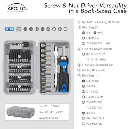 Apollo Tools 54-Piece Screwdriver & Nut Driver Bit Set – Ratcheting Handle, Flexible Extension, Metric Nut Drivers, Specialty Bits for Household, Automotive, & Appliance Repairs, Blue/Gray DT9025