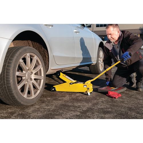Performance Tool W1619 3 Ton Trolley Jack and Jack Stands: 6000 lb Capacity, 5.75-17.125-in Lift, 11.25-16.75-in Height Ratchet-Style Jack Stands, Swivel Casters and Steel Wheels, High-Viz Yellow