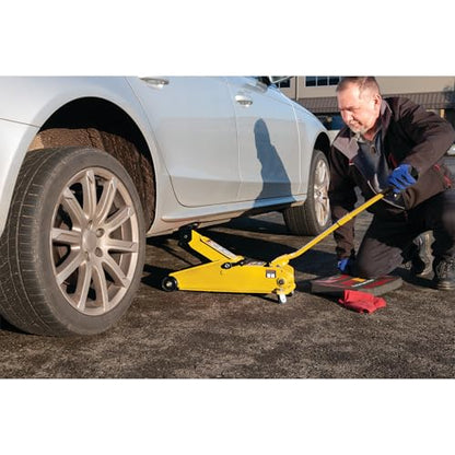 Performance Tool W1619 3 Ton Trolley Jack and Jack Stands: 6000 lb Capacity, 5.75-17.125-in Lift, 11.25-16.75-in Height Ratchet-Style Jack Stands, Swivel Casters and Steel Wheels, High-Viz Yellow