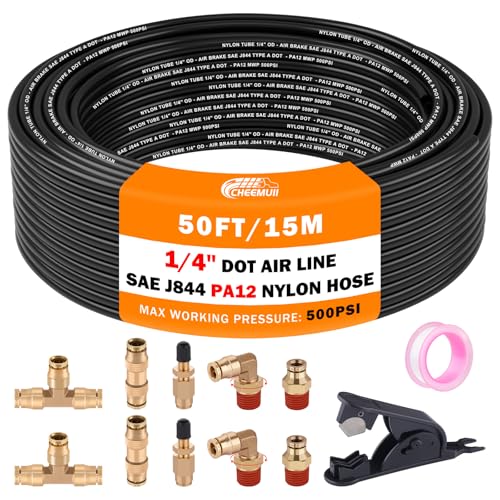 CheeMuii 50FT 1/4 DOT Air Line with 10 Pcs Brass Fittings Kit for Air Bags Suspension - size: 1/4Inch-13Pcs