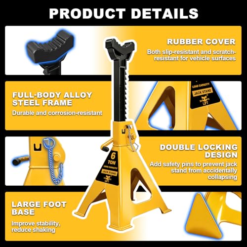 6 Ton (13,200 LBs) Jack Stands with Double Pin Locking,Rubber Cover,Large Foot Base,16-24In Adjustable Height Heavy Duty Jack Stands,Lifting Car,Bus,RV,SUV,MPV,Pickup Truck,1 Pair Yellow - color: yellow, size: 6Ton Load Capacity