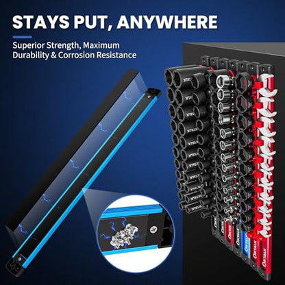 8PC Magnetic Socket Organizer Set, for 1/2″ 3/8″ 1/4″ Drive with 3 Black 3 Red 2 Blue Trays, 360° Swivel Removable Clips, Heavy Duty Aluminum Alloy Rail for Tool Box Drawer