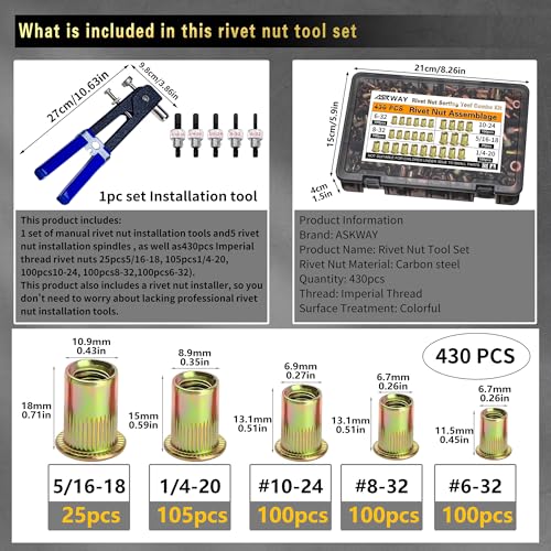 Imperial Rivet Nut Tool Kit 430pcs, SAE Rivet Nut Combination （5/16-18、1/4-20、10-24、8-32、6-32）, Suitable for Automotive, Marine and Industrial Applications(SAE Carbon Steel 430PCS)