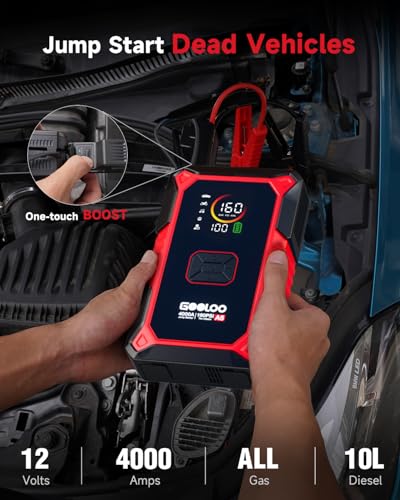 GOOLOO A5 Jump Starter with Air Compressor, 4000A Car Battery Jump Starter (All Gas/10.0L Diesel) with 160PSI Tire Inflator Auto-Off, 45W PD Fast Charging, 12V Jump Box Car Jumper Starter Portable - color: Red