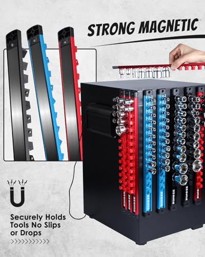 PINOZE 8PCS Magnetic Socket Holder Organizer Set - 1/4, 3/8, 1/2 - Aluminum Alloy Socket Rail Trays for Tool Box Drawer, Socket Rack Kit with 114Pcs Clips for Automotive Garage(Blue Red Black) - size: 8pcs - 1/2", 3/8", 1/4" DR