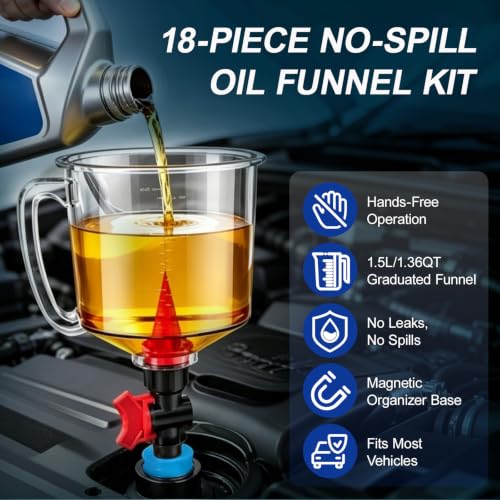 18-Piece Engine Oil Funnel Kit, 1.5QT/1.36L Oil Change kit with 12 Adapters & 2 Magnetic Adapter Organizer Boards