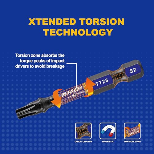 Geinxurn 2 In. Security T25 Impact Magnetic Screwdriver Bit Set, 15 Pieces #25 Torx Head Power Bit Set, S2 Alloy Steel Hollow Star Bit Set - size: 2"-15PCS, style: TT25
