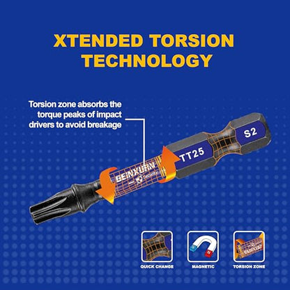 Geinxurn 2 In. Security T25 Impact Magnetic Screwdriver Bit Set, 15 Pieces #25 Torx Head Power Bit Set, S2 Alloy Steel Hollow Star Bit Set - size: 2"-15PCS, style: TT25