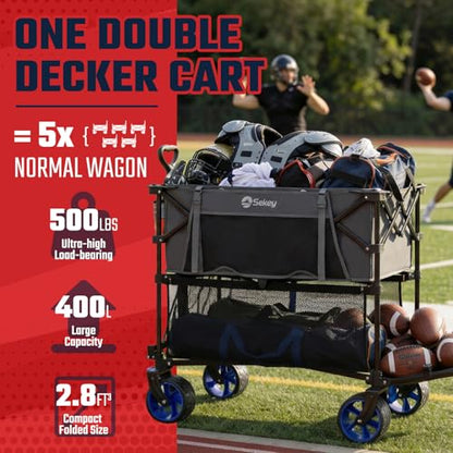 Sekey 500LBS Heavy Duty Double Decker Wagon with Extender, 400L Large Capacity Collapsible Garden Cart Fits 10x10 Canopy, All-Terrain Big Wheels with Brakes, Foldable Utility Wagon for Sports, Camping - color: Gray