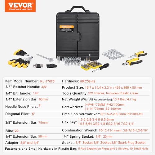 VEVOR Mechanics Tool Set 221Pieces - 1/4" and 3/8" Drive Sockets - SAE and Metric Mechanic Tool Kit with Bits - Wrenches, Ratchet Handle, Accessories, and Plastic Storage Case - for Automotive Repair - size: 1/4"&3/8", style: 221 PCS