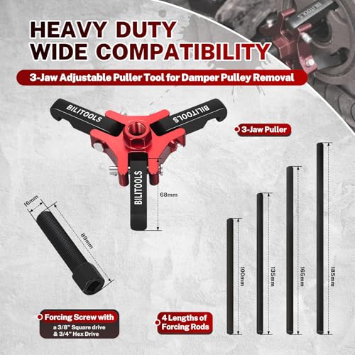 BILITOOLS Adjustable 3-Jaw Harmonic Balancer Puller for Crankshaft Dampers | Heavy-Duty 45# Steel Removal Tool with 4 Forcing Rods and Storage Case for LS, GM, Chevy, Chrysler and Ford Engines - size: Compact