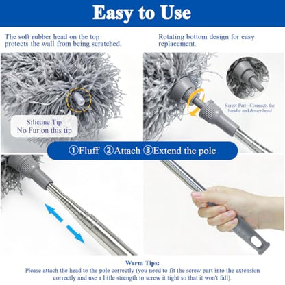 Cobweb Duster with Extension Pole 100 inches, Dusters for Cleaning with 2 Duster Heads, Washable Microfiber Feather Duster for Cleaning Ceiling Fan, High Ceiling, Blinds, Furniture & Cars - color: 2pc-gray