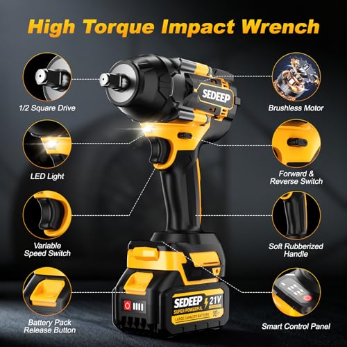 Impact Wrench 1/2 Inch, High Torque Impact Gun with 1500N·m(1100 Ft-lbs), 21V Brushless Electric Impact Wrench with 2*40Ah Battery, 3-Speed, LED Light, 5 Sockets for Car/Mower/Pickup/Truck RV
