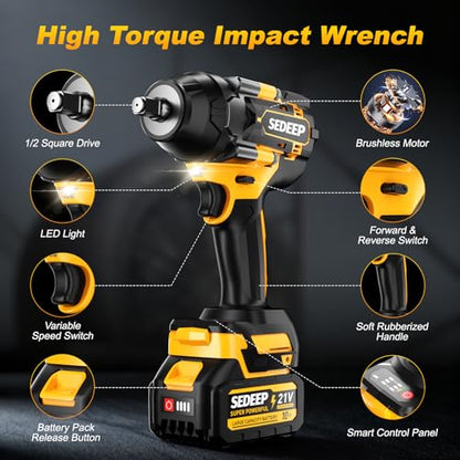 Impact Wrench 1/2 Inch, High Torque Impact Gun with 1500N·m(1100 Ft-lbs), 21V Brushless Electric Impact Wrench with 2*40Ah Battery, 3-Speed, LED Light, 5 Sockets for Car/Mower/Pickup/Truck RV