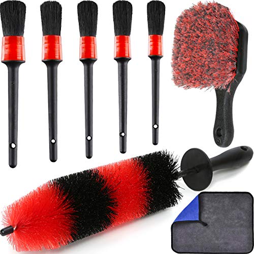 TAKAVU Car Wheel Detailing Kit, 8pcs, Scratch-Free 17in Barrel Brush | Includes Tire Scrubber, 5 Detail Brushes & Towel, Cleans Rims, Interior & Exterior, Safe Wheel Cleaner