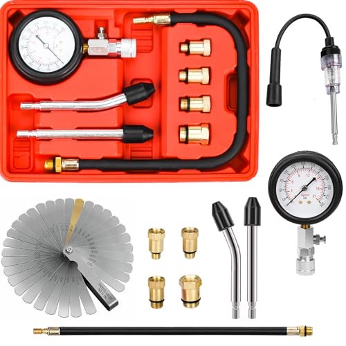 10 Pieces Engine Compression Tester kit with Spark Plug Tester and Metric Imperial Feeler Gauge for Automotives Car Motorcycle Truck with M10 M12 M14 M18 Adapters ﻿