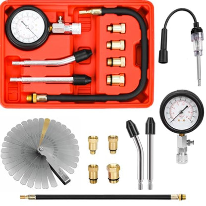 10 Pieces Engine Compression Tester kit with Spark Plug Tester and Metric Imperial Feeler Gauge for Automotives Car Motorcycle Truck with M10 M12 M14 M18 Adapters ﻿