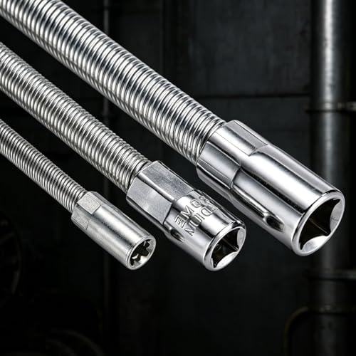 3pcs Flexible Shaft Socket Extension Extender Set, 1/4" 3/8" 1/2" Drive Bendable High Torque Chrome Vanadium Iron Extension Connecting Rods for Impact Wrench Automotive Repair & Tight Spaces Access - color: Silvery