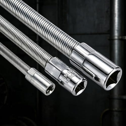 3pcs Flexible Shaft Socket Extension Extender Set, 1/4" 3/8" 1/2" Drive Bendable High Torque Chrome Vanadium Iron Extension Connecting Rods for Impact Wrench Automotive Repair & Tight Spaces Access - color: Silvery