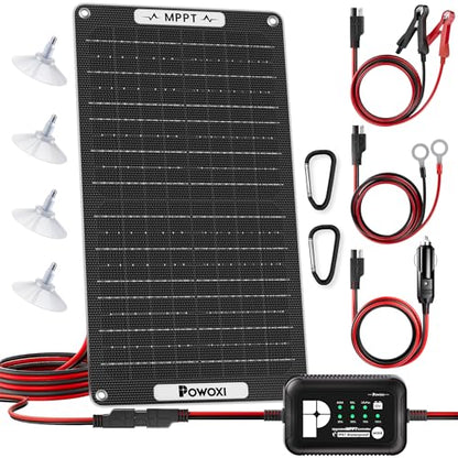 POWOXI 15W Solar Battery Charger: 12V Solar Car Battery Trickle Maintainer - with MPPT Controller Parameter Adjustable - for RV Boat Marine Motorcycle Trailer Truck Tractor - Solar Panel Kit - size: 15W-MPPT Pro