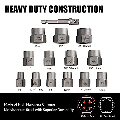 Coobeast Bolt Extractor Set Heavy Duty, 13Pcs Bolt Extractor Kit with 3/8 Inch Adapter, Stripped Lug Nut Remover, Easy Out Bolt Remover Set for Rusted, Rounded, Damaged Nuts Screws - size: 14 PCS