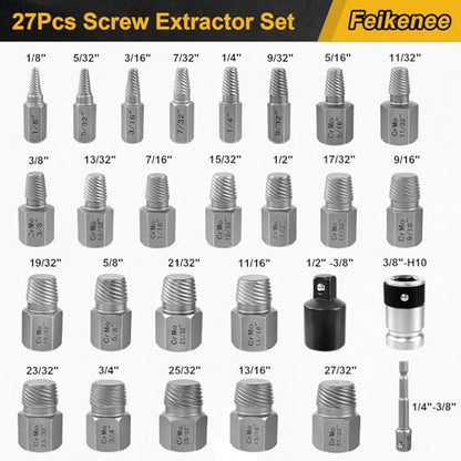 27PCS Upgraded Screw Extractor Set, Premium Cr-Mo Steel EZ Out | Hex Head Bolt Extractor Kit, Heavy Duty Multi-Spline Design for Removing Stripped, Rounded, Broken Screws & Studs
