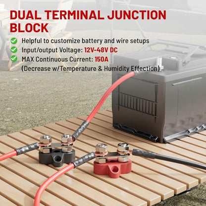 RED WOLF 12V 150A Power Distibution Block 5/16" Dual Stud Busbar M8 Terminal Bus Bar 12 Volt DC Battery Junction Post for Auto Boat Marine Solar System Positive and Negative (2PC) - size: Dual M8 Stud