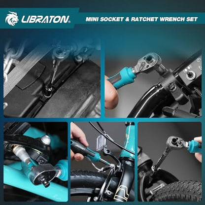 LIBRATON 1/4" Drive Mini Socket & Ratchet Wrench Set with Bits, 4-13mm Shallow Sockets, Magnetic Driver Handle, Extension Bars & Universal Joint, with Storage Case for DIY, Auto Repair