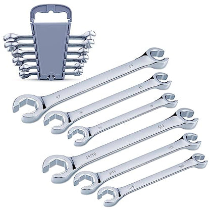 EFFICERE 6-Piece Metric and SAE Flare Nut Wrench Set with Rack | Metric 10mm - 17mm, Inch 3/8” - 11/16” | Cr-V Steel, 6-Point Double-End Design, Best Line Wrench for Fuel, Brake, Air Conditioning - size: Metric & SAE Set, 6-Piece