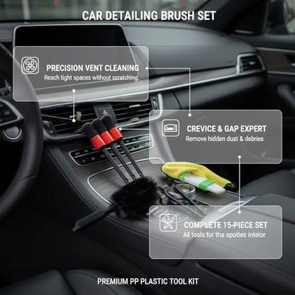 15-Piece Car Detailing Brush Set for Interior Vents, Dashboard Crevices & Console Gaps - Durable PP Plastic Cleaning Tool Kit - size: 12.6 x 5.91 x 1.97 in