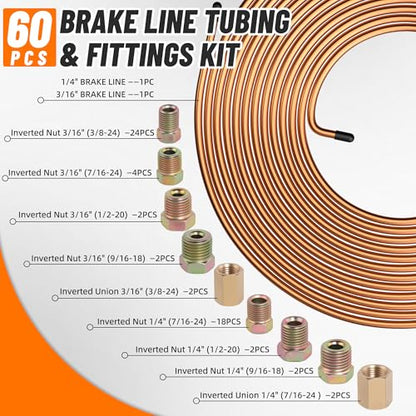 2 Sets 25 FT 3/16" 1/4" Brake Line Tubing Assortment Kit with 60 Pcs Brake Line Fittings(3/8 Inch-24 Threads,7/16 Inch-24 Thread Nuts and Unions,1/2 Inch-20 Thread,9/16 Inch-18 Thread Nut) - size: 3/16"+1/4"