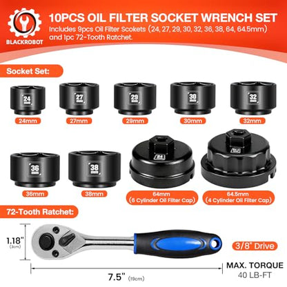 BLACKROBOT 10-Piece 3/8” Drive Oil Filter Socket Wrench Set, Metric Low Profile Oil Filter Sockets with 72-Tooth Ratchet, Oil Filter Cap Remover and Installer Tool Set - size: 24mm-64.5mm