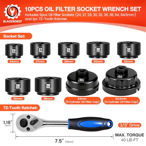 BLACKROBOT 10-Piece 3/8” Drive Oil Filter Socket Wrench Set, Metric Low Profile Oil Filter Sockets with 72-Tooth Ratchet, Oil Filter Cap Remover and Installer Tool Set - size: 24mm-64.5mm