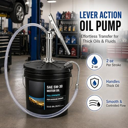 Heavy Duty Lever Action Bucket Pump for 5 Gallon Pails, Extra-Long 4.1ft Fluid Delivery Hose, Manual Gear Oil Transfer Pump for Transmission, Differential & High-Viscosity Fluids