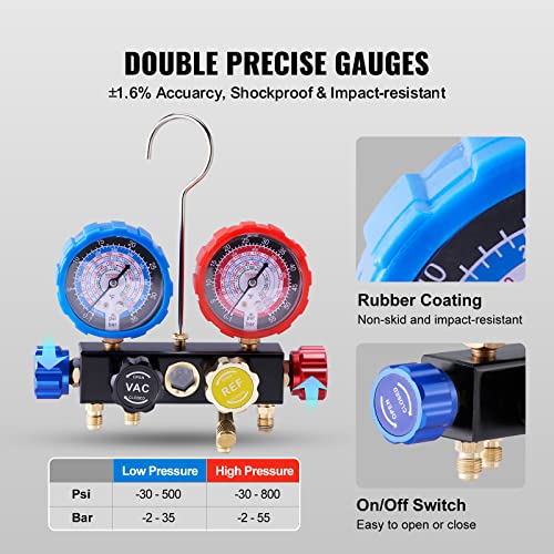 VEVOR 4 Way AC Gauge - AC Manifold Gauge Set for R134A R22 R12 R410A Refrigerant, Freon Gauges with 5ft Hoses, Couplers, Can Tap Works on Car Auto Freon Charging and Evacuation - size: R134a/R22/R12/R410a, style: 4 Way with Box