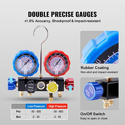 VEVOR 4 Way AC Gauge - AC Manifold Gauge Set for R134A R22 R12 R410A Refrigerant, Freon Gauges with 5ft Hoses, Couplers, Can Tap Works on Car Auto Freon Charging and Evacuation - size: R134a/R22/R12/R410a, style: 4 Way with Box