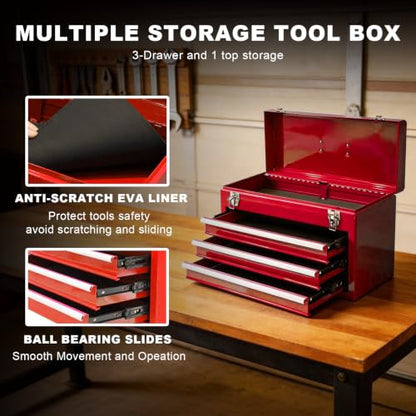 3 Drawer 20“ Metal Tool Box Portable Steel Tool Chest with Metal Latch Closure for Garage, Home and Workbench, Red - size: 20Inch-RED