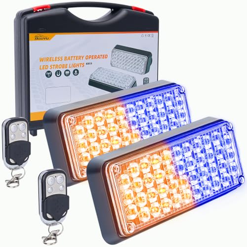 Amber/Blue Magnetic Flashing Strobe Light/w Controller, Battery Operated Rechargeable LED Safety Beacon Lights, Portable Emergency Warning Light Bar for Vehicles, Trucks, Car 2-Pcs - color: 2pcs Amber/Blue